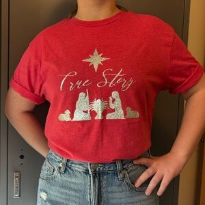 NWOT True Story Jesus Stable Christmas Glitter Silver Ted T Shirt Short Sleeve
